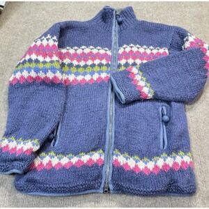 VTG PACHAMAMA M Fair Isle Hand Knit Wool Cardigan Jacket Fleece Lined Outdoor